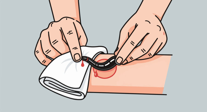 Hands remove leech from skin with bloody drops and a white cloth