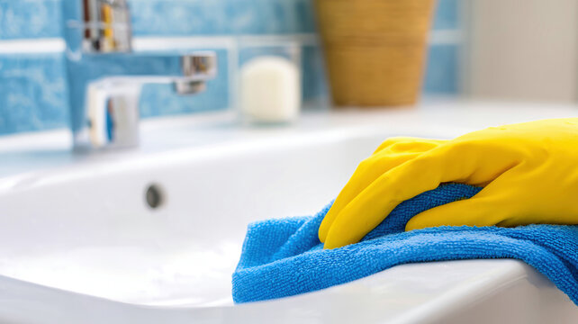 Bright bathroom scene shows a hand in a yellow rubber glove clea