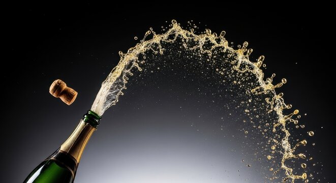 Champagne bottle exploding with a dramatic arc of sparkling golden liquid and flying cork, capturing celebration, success, luxury, and joyful party moments

