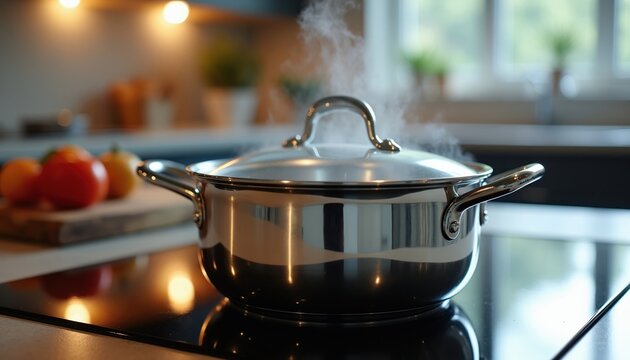 Shiny steel pot with lid steams as water boils on modern kitchen stove. Vegetables rest on cutting board. Culinary prep for dinner is underway.