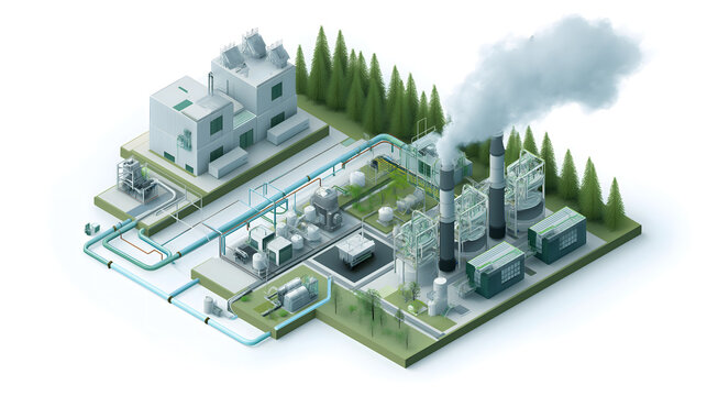A high angle view shows an industrial power plant complex with smoke rising from chimneys set in a green landscape with trees representing energy production and environmental impact