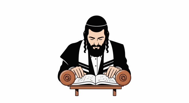 Man with beard and peyot in religious attire studies a scroll on a wooden stand