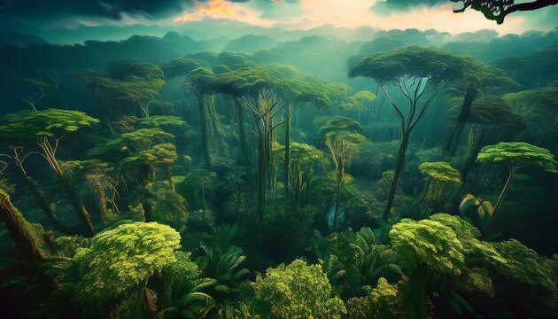 the intricate ecosystem thriving in the canopy of a rainforest where every tree plays a vital role ai geneated