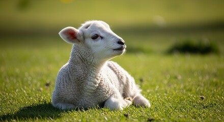 Fototapeta premium Cute white lamb sitting on green grass field during sunny day in spring season with soft bokeh background representing baby animals and farm life innocence.