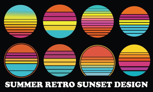 Summer Retro Sunset Design - Vintage 80s sun with colorful horizontal stripes and teal gradient