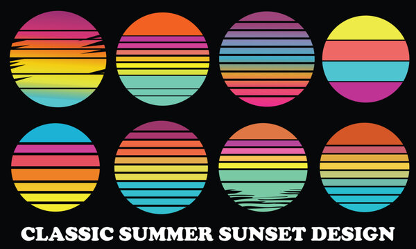 Classic Summer Sunset Design - Retro round sunset with brush texture and synthwave color palette
