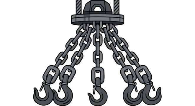 Heavy industrial rigging with multiple strong chains and curved hooks suspended