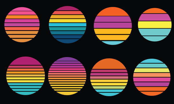 Vintage Sun Graphics - Set of eight retro sunset circles with different color gradients