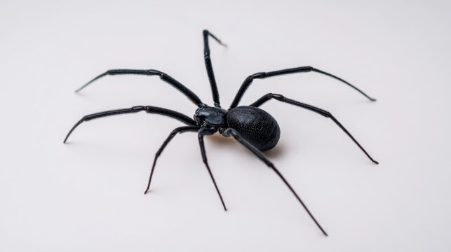 Black spider isolated on a white background, displaying its detailed, textured body and long, symmetrically spread legs