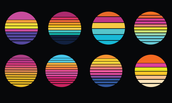 Retro Sunset Collection - Eight various vintage sun designs with neon and pastel stripes
