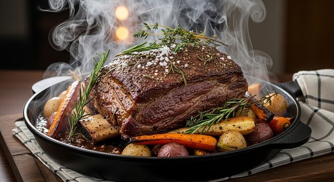 Roasted beef rib roast in cast iron pan with smoking steam rising from hot meat garnished with fresh rosemary thyme salt crystals potatoes and garden carrots.