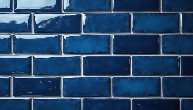 Glossy deep blue ceramic subway tiles form a repeating rectangular pattern. Uneven textured surface with high shine reflects light creating depth. Ideal for interior design backdrops.