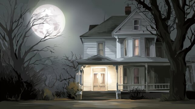 Spooky house under moonlight with silhouette trees at night