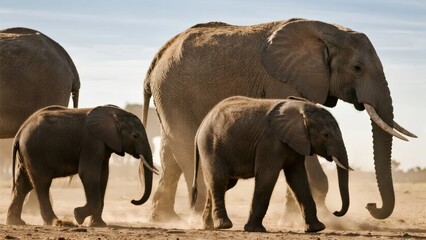 Fototapeta premium A herd of African elephants, including calves, walking across a dusty savanna landscape.
