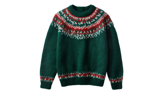 Dark green Fair Isle knit sweater with red and white pattern