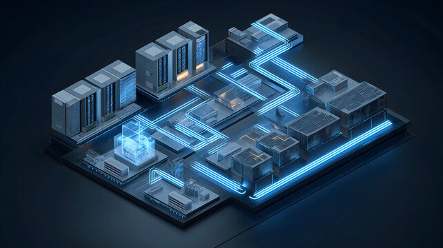 A view of a digital data center showing server towers connected by glowing blue lines of light representing fast information flow in a modern network system