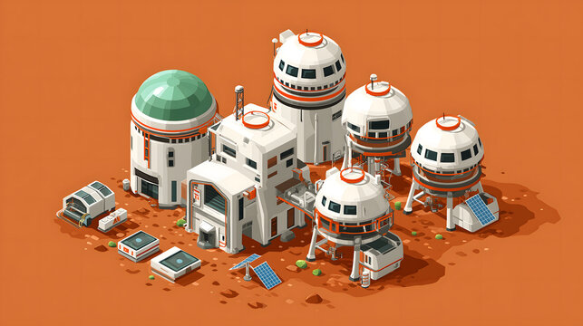 A futuristic space base with dome structures and solar panels stands on the orange rocky surface of a distant planet representing a research colony for human exploration