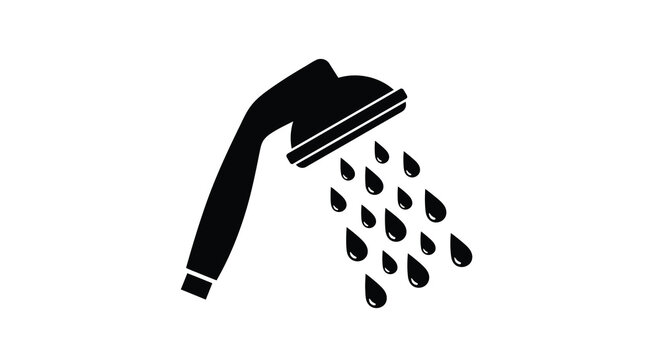 A simple black and white icon depicts a showerhead with water droplets falling from it high quality professional