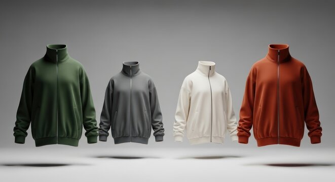 Four different colored zip-up track jackets displayed on invisible mannequins against a neutral background.