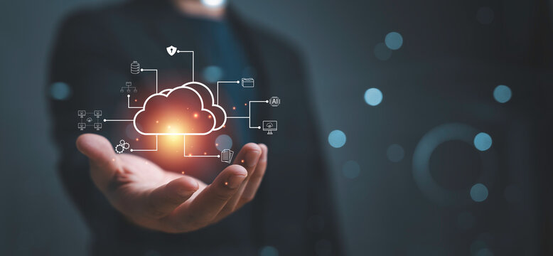 Cloud computing and digital transformation concept with cloud network in hand, symbol data integration, cybersecurity, online services, AI technology and business infrastructure for enterprise.