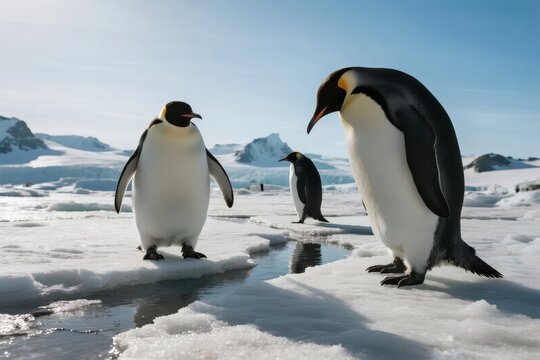 Emperor penguins standing on ice in a snowy Antarctic landscape with water and distant icebergs
