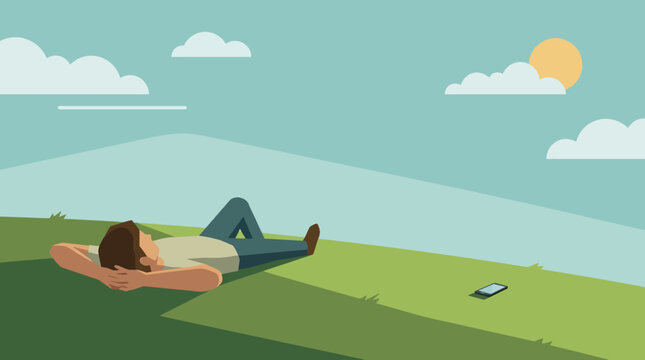 Tranquil Contemplation: A person relaxes peacefully atop a verdant hill, gazing at the sun and fluffy clouds, with a disconnected phone lying beside him.