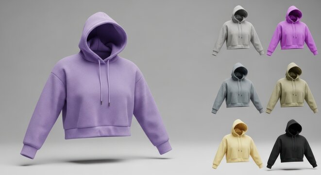 Collection of colorful cropped hoodies displayed on mannequins against a neutral background, showcasing different shades and styles.