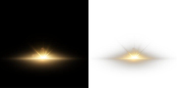 Golden light effect with shimmering rays and highlights. Abstract solar explosion with radiance, highlights, and a magical glow, isolated on a transparent PNG background.