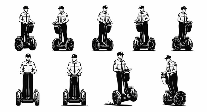 Monochrome illustrations of security personnel on personal transporters, diverse poses