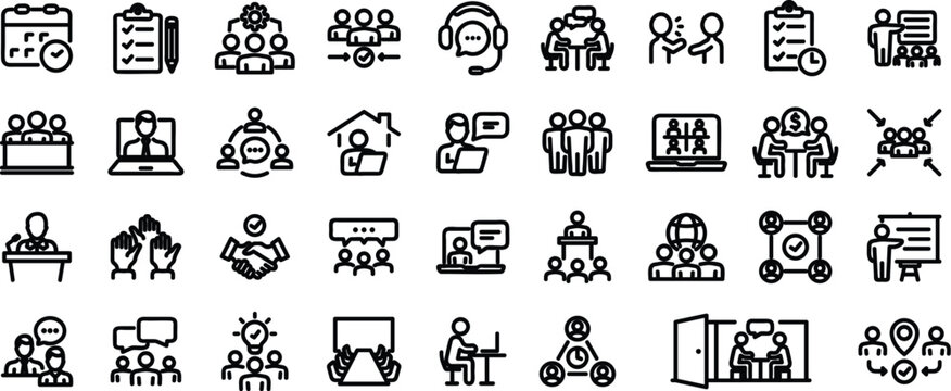 Meeting set of web icons in line style. Editable stroke. Live webinar icons for web and mobile app. Containing conference, business meeting