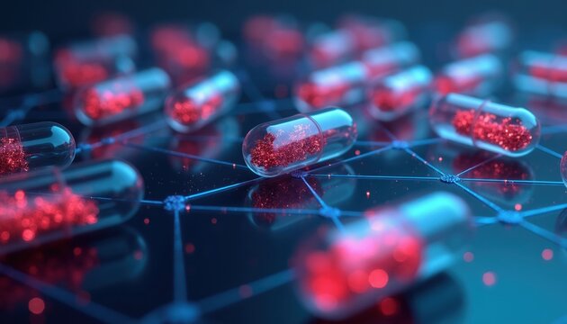 Transparent capsules with red particles rest on a glowing blue network. Medical research and pharmaceutical science abstract. Future drug delivery system concept.