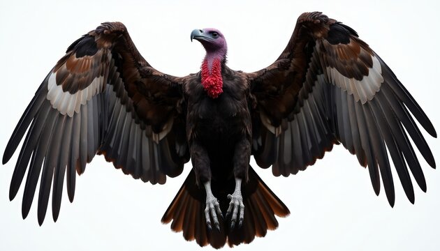 Large vulture bird with wide wingspan and red neck feathers. This raptor has powerful beak and sharp talons. It flies against pale background, showing off its plumage details.