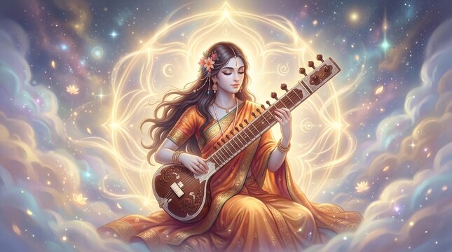Narada Jayanti sacred sound vibration lines background with warm gold gradient