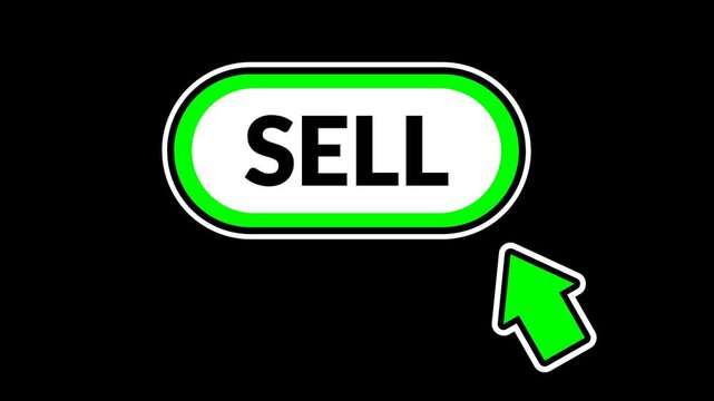 Seamless looping pulsing green sell button animation pointed by a mouse cursor arrow. E-commerce transaction motion graphic on a transparent alpha channel for trading and sales visuals