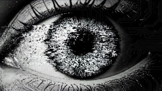 Cybernetic human eye integrating circuits. Digital patterns evolving in iris with glowing pupil. Futuristic vision and augmented reality technology concept.