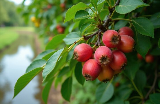 Carissa carandas fruits ripen on tree branch. Small crimson berries grow on bush. Organic food on farm, natural healthy ingredient. Juicy sour fruit.