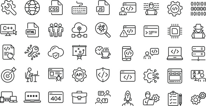 Programming coding set of web icons in line style. Editable Stroke. Software development icons for web and mobile app. Code, programmer, developer, information technology, coder and more. 