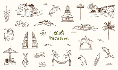 summer vibes vacation travel Bali doodle hand drawing sketch elements collection set © gurlinthetri