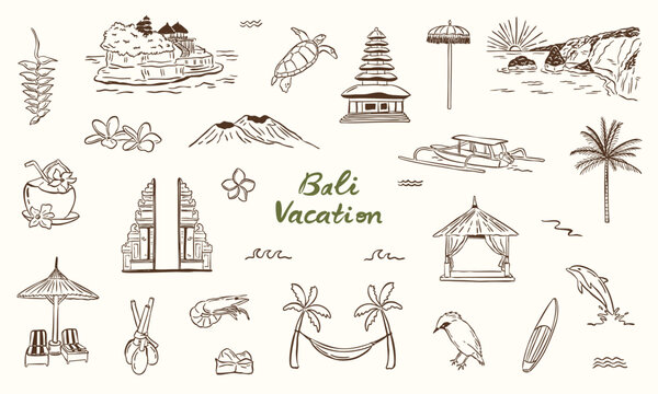 summer vibes vacation travel Bali doodle hand drawing sketch elements collection set