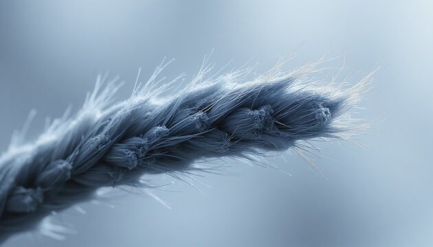 Macro view of frayed rope end. Twisted fibers show wear and tear. Thin filaments stick out from damaged texture. Abstract background detail.