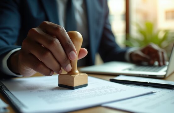 Man uses wooden stamp on official contract paper, approving a business deal. He works on laptop nearby, finalizing paperwork with pen. Legal document process.