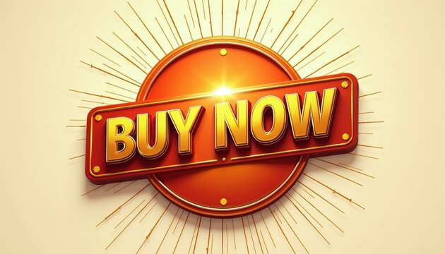 Golden and red vintage buy now button with sunburst effect. Call to action for sales and promotions. Retro design for online shopping offers.
