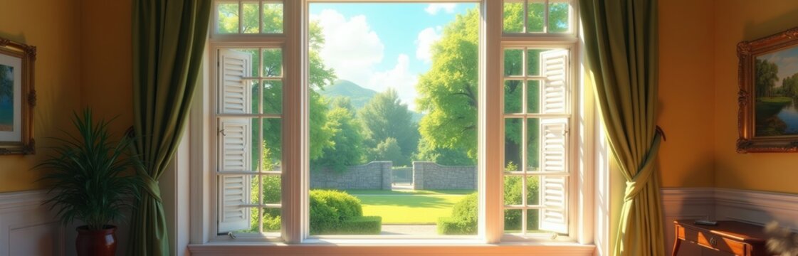 Sunlit interior room with open window frames offering green garden scenery. Lush trees, manicured lawn, and stone wall visible. Bright daylight shines into elegant home.