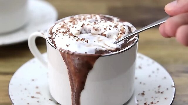 Rich hot chocolate topped with whipped cream creates a smooth and indulgent drink in closeup. Perfect chocolate, drink and beverage visuals with creamy texture and warm winter appeal.