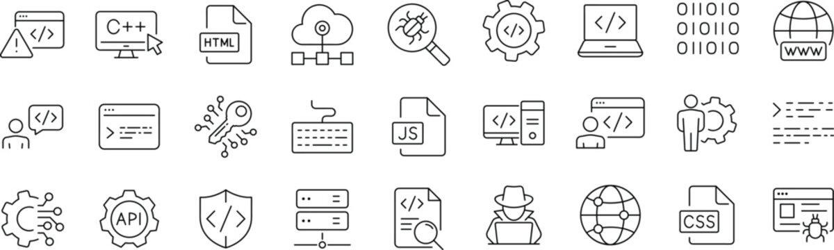 Programming coding set of web icons in line style. Editable Stroke. Software development icons for web and mobile app. 