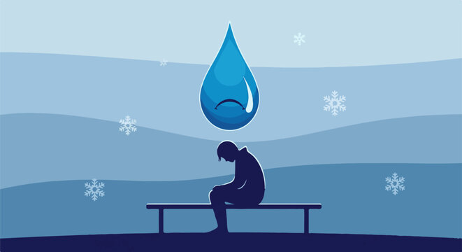 Melancholy blue droplet hangs over a silhouette of a person on a bench in a snowy, abstract landscape