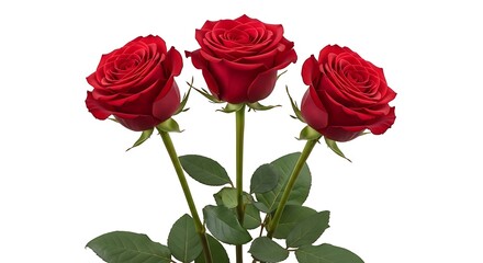 Fototapeta premium Three vibrant red roses in full bloom with fresh green leaves against white background