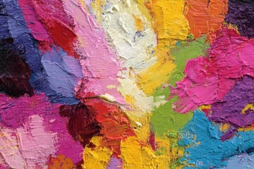 Fototapeta premium Abstract colorful oil painting with thick textured brushstrokes in vibrant pink, yellow, green, blue, purple and red colors on canvas surface for artistic expression.