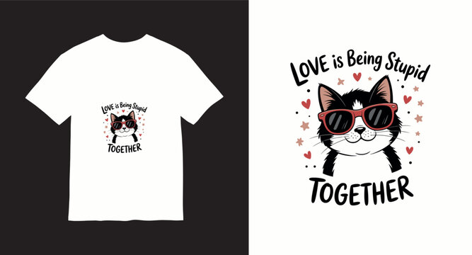 Love is being stupid together cat wearing sunglasses typography.