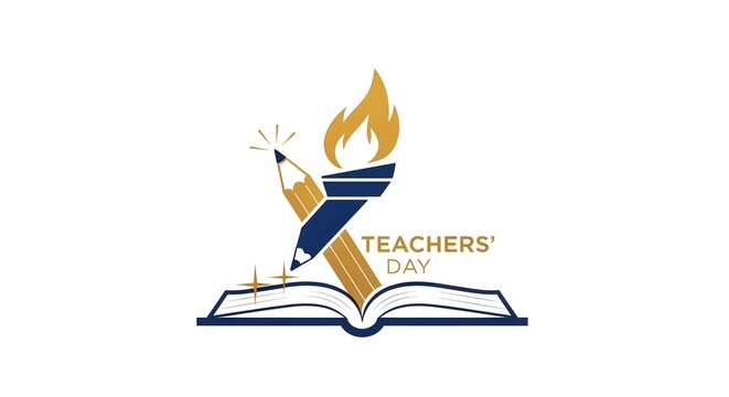 A Teachers' Day logo with a pencil and flame on a book